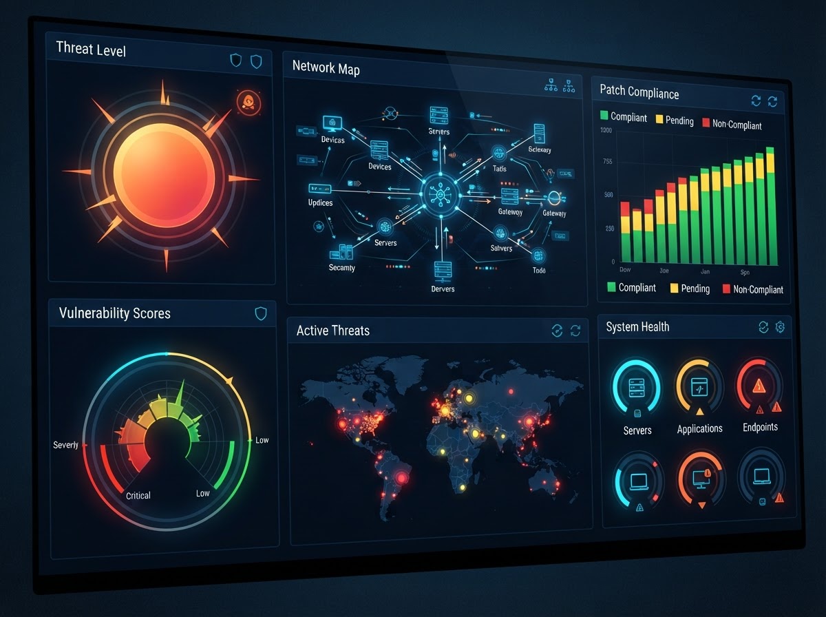 Dashboard illustrating vulnerability management and compliance status.